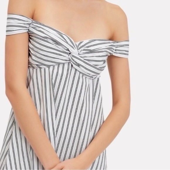 A.L.C. Arsenio Off-Shoulder Striped Cotton Midi Dress in White and Gray Poplin - Picture 2 of 8